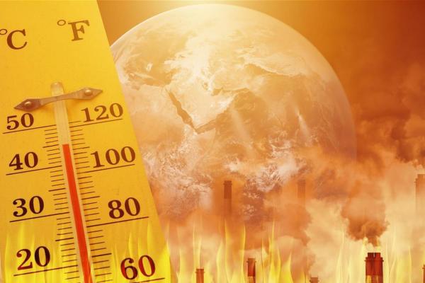 Illustration of earth, thermometer, and fire