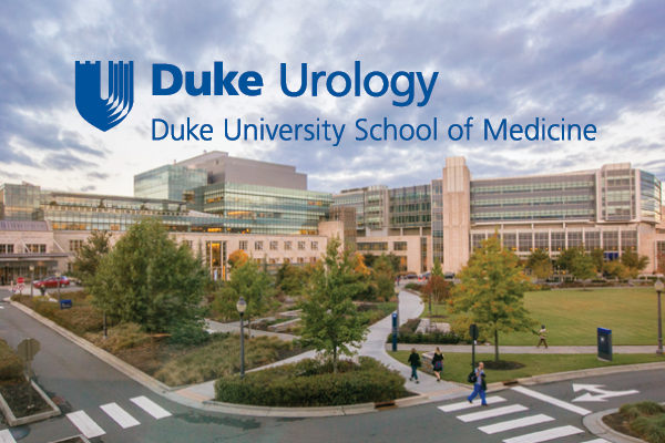 Aerial view of the Duke medical campus with the Duke Urology logo overlaid 