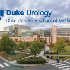 Aerial view of the Duke medical campus with the Duke Urology logo overlaid 